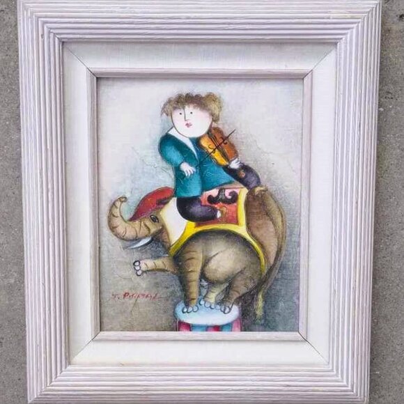 Signed J Roybal Whimsical Violinist on an Elephant Painting Framed - Picture 1 of 11